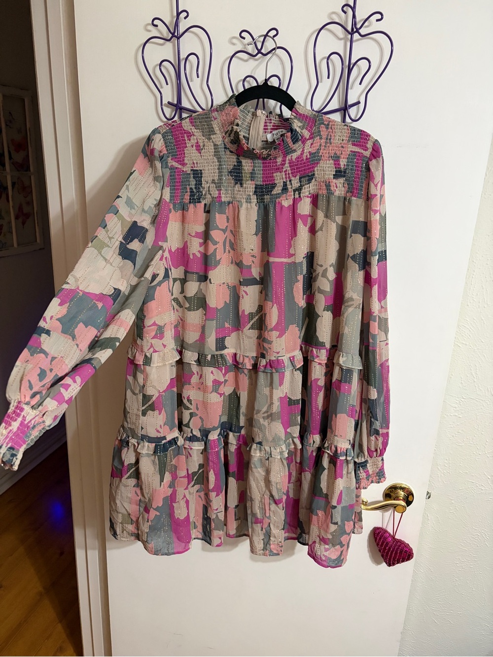 Fate Smocked Tiered Long Sleeve Dress in Pink, Gray, Beige